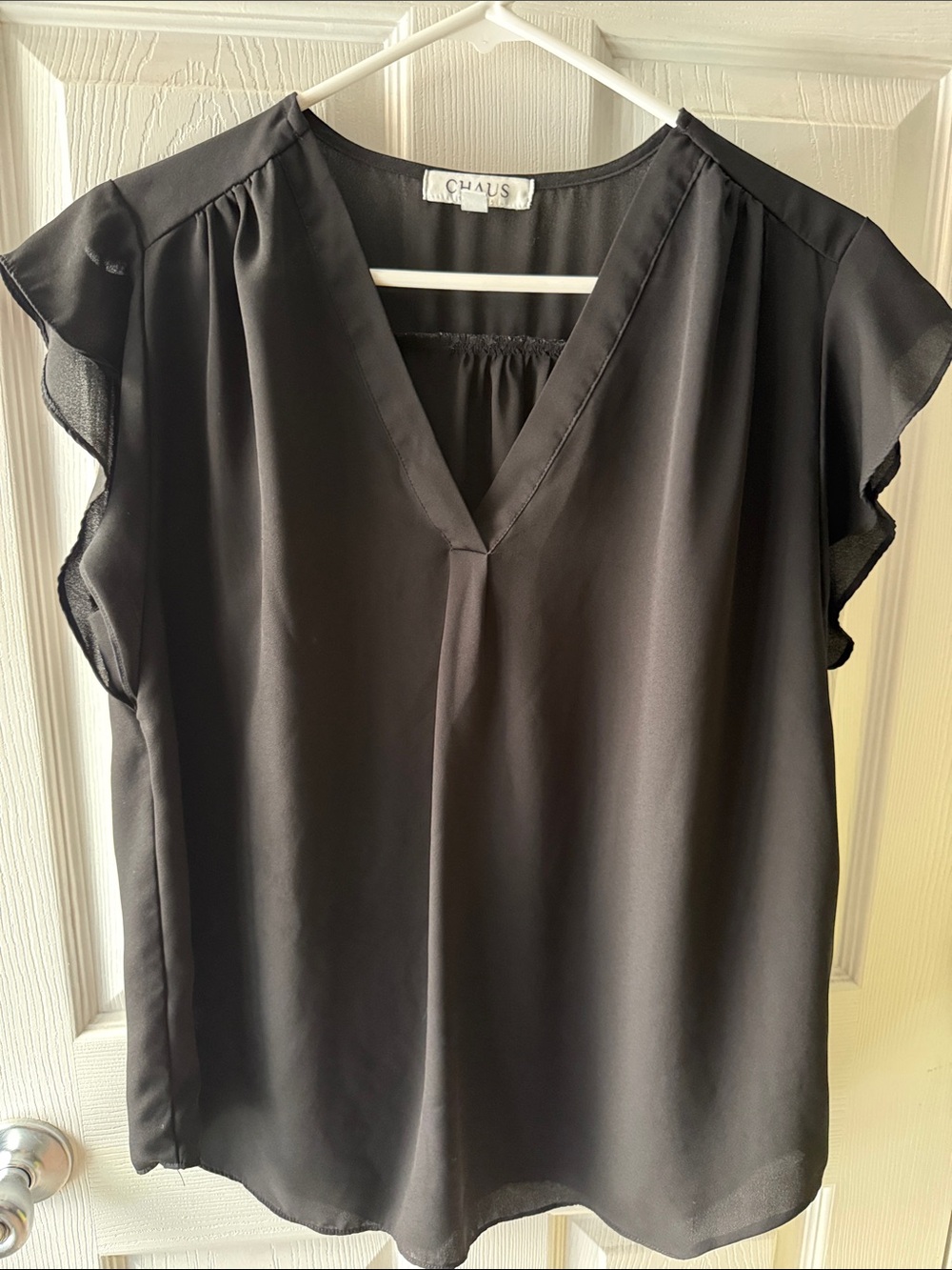 Chaus Black V-Neck Flutter-Sleeve Blouse